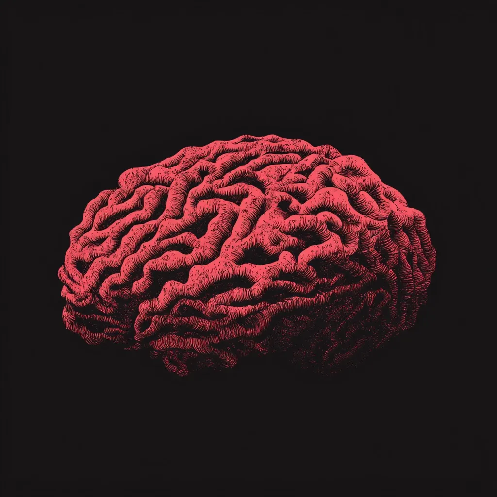 A detailed, red-toned illustration of a human brain is presented against a stark black background. The intricate gyri and sulci of the brain's surface are meticulously rendered, creating a textured and realistic depiction. The style suggests a scientific or anatomical illustration, emphasizing the complex structure of the organ.  The color contrast enhances the visual impact, making the brain the focal point of the image.