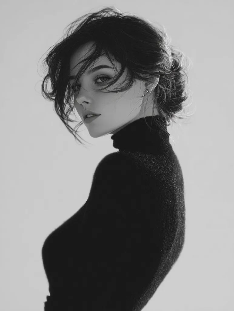 A black and white portrait of a young woman with dark, windswept hair styled in a loose bun.  She wears a black turtleneck sweater and looks over her shoulder, her expression both serious and alluring. The soft lighting and high contrast emphasize her features and the texture of her clothing.  The overall mood is one of quiet elegance and mystery.