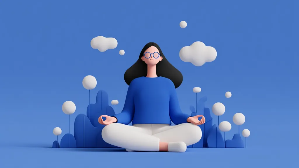 A 3D rendering depicts a serene woman meditating in a lotus position. She wears a blue sweater and white pants, and blue-framed glasses.  The background features stylized blue hills, white clouds, and floating spheres, creating a peaceful and calming atmosphere. The overall aesthetic is minimalist and modern.