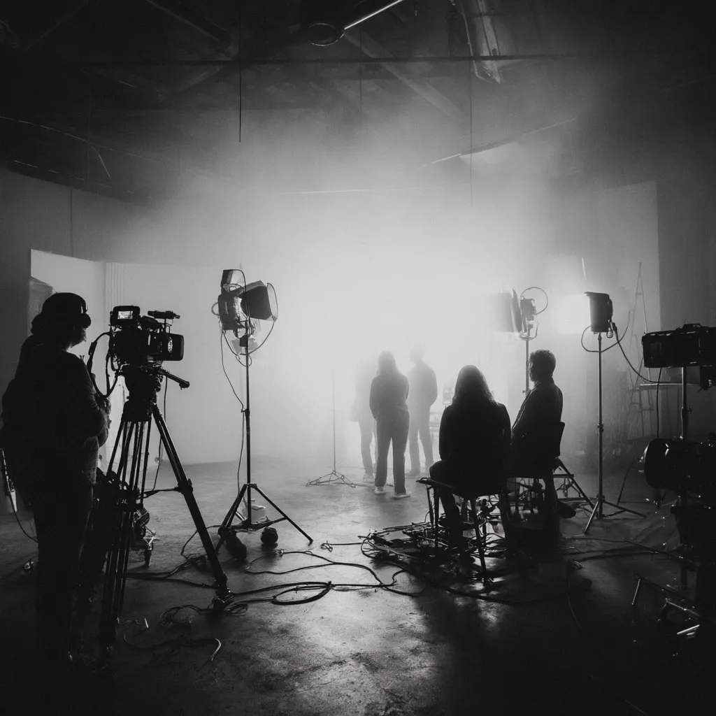 A black and white photo depicts a film set.  Silhouetted figures of actors and crew are visible against a brightly lit background.  Camera equipment, lighting stands, and cables are scattered across the floor of a large, seemingly empty studio space, filled with atmospheric smoke or haze. The scene suggests a moment of filming in progress.