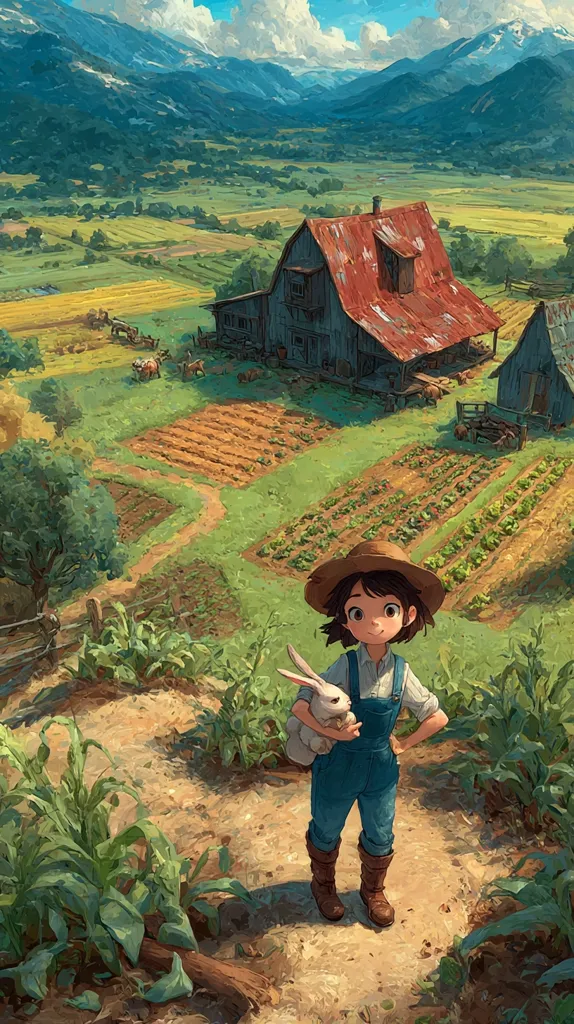 A young girl in overalls and a straw hat stands on a dirt path, holding a white rabbit.  Behind her, a rustic farmhouse sits nestled in a vibrant green valley, surrounded by neatly cultivated fields and mountains in the distance.  The sun shines brightly on the idyllic rural scene, painting a picture of peaceful country life.  Animals graze in the pastures.