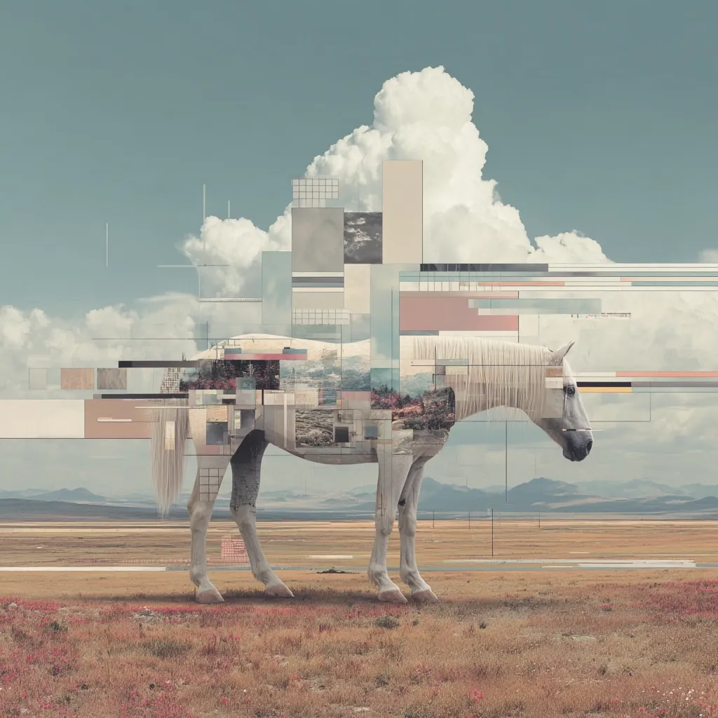 A surreal digital artwork depicts a white horse standing in a vast, flat landscape under a large cumulus cloud.  The horse's body is overlaid with fragmented images and geometric shapes, suggesting a blend of nature and architecture.  The overall palette is muted, with pastel shades of beige, grey, and blue dominating. The scene evokes a sense of serenity and mystery.
