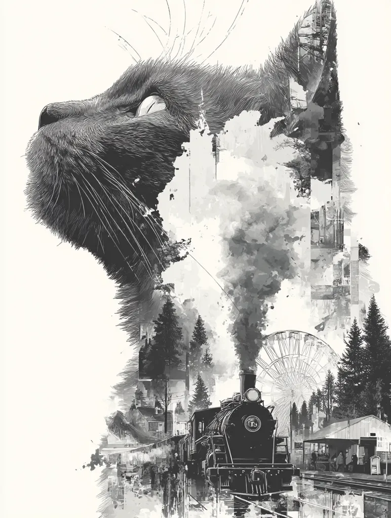 A monochrome illustration merges a cat's profile with a steam train scene.  The cat's head, rendered in detailed fur, dominates the left, while the right reveals a train puffing steam, passing a Ferris wheel and quaint buildings nestled amongst pine trees.  The artwork utilizes a watercolor style, creating a dreamlike, blended effect. The overall mood is nostalgic and serene.