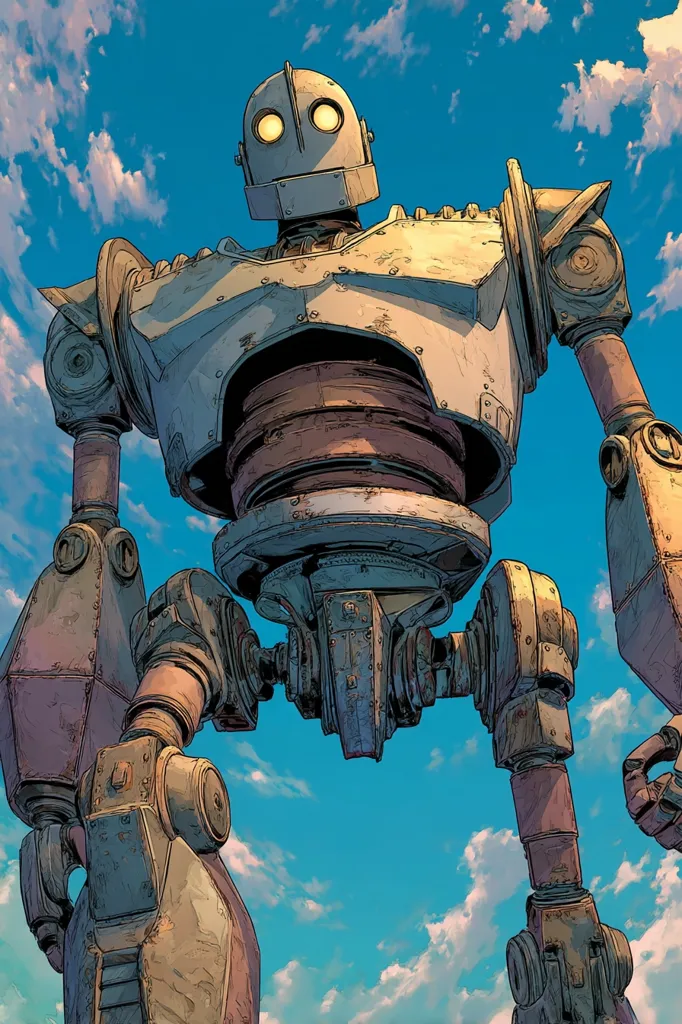 A low-angle, close-up illustration depicts the Iron Giant, a colossal robot from the film of the same name.  Its metallic body, showing signs of wear and rust, stands against a vibrant blue sky dotted with fluffy white clouds. The giant's design is intricate, with visible rivets and joints. Its large, expressive eyes glow with an inner light.  The overall style is detailed and evocative of a comic book panel.