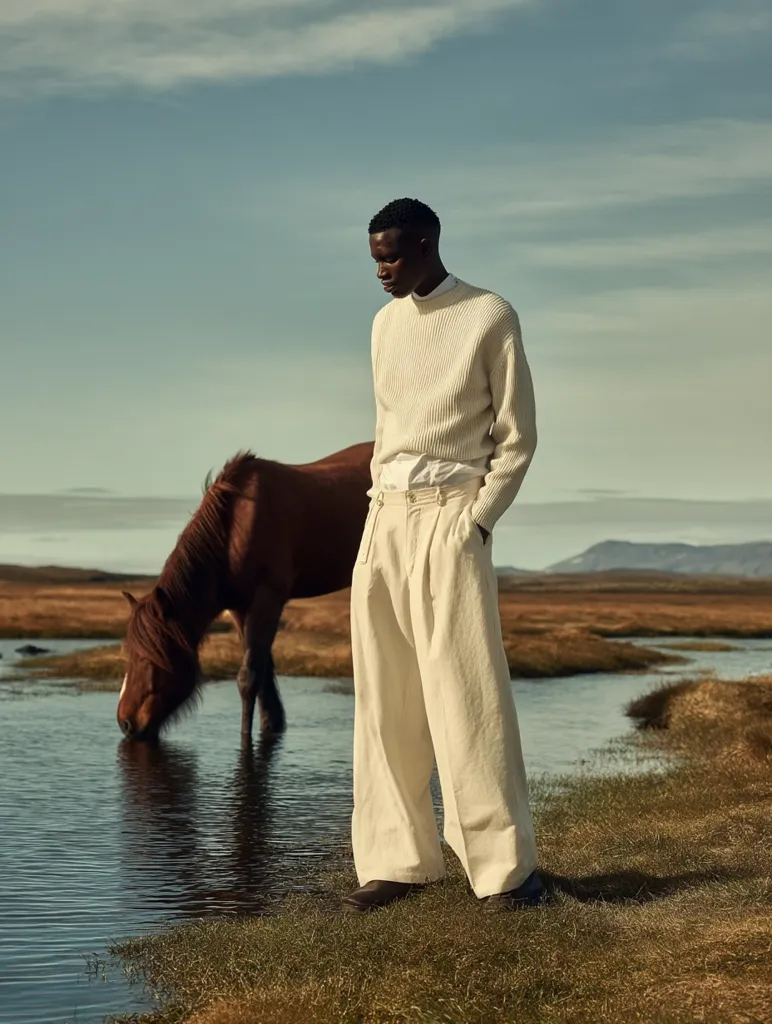 A dark-skinned man in a cream-colored sweater and wide-legged trousers stands by a tranquil stream.  A brown horse drinks from the water nearby.  The setting is a serene, expansive landscape under a partly cloudy sky. The overall mood is one of quiet contemplation and natural beauty.
