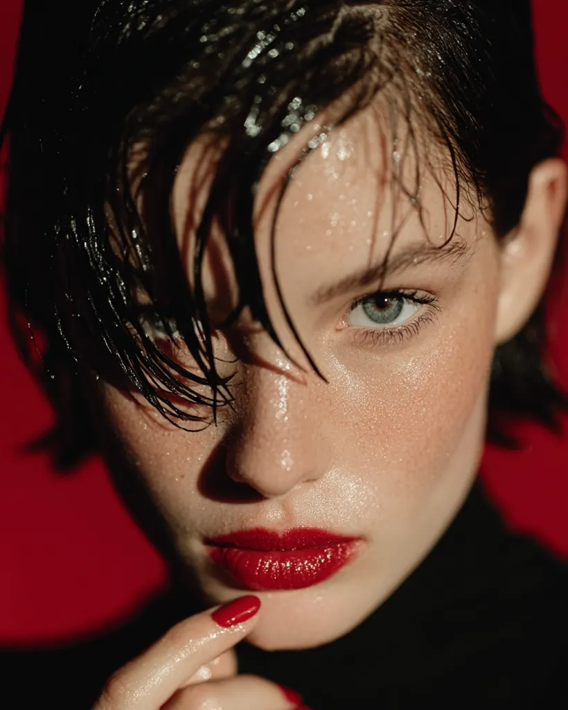 Close-up of a woman with wet, short black hair.  Her skin glistens with perspiration, and she wears bright red lipstick.  She has fair skin with freckles and her gaze is intense. She's touching her chin with one hand, nails painted red. The background is a deep crimson red. The overall mood is sultry and dramatic.