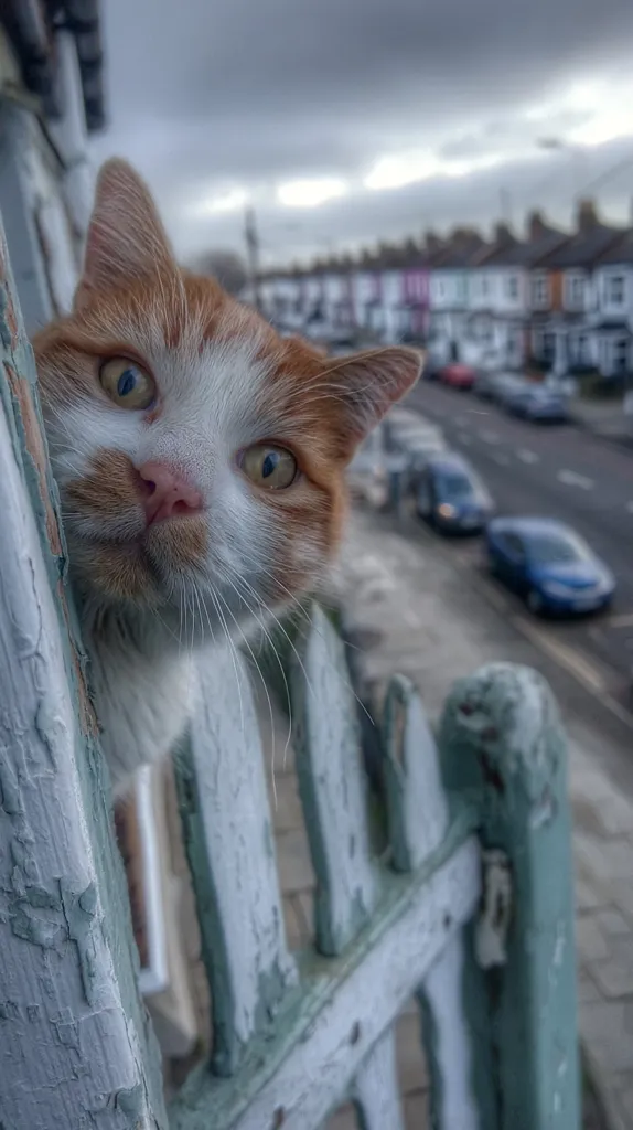 A ginger and white cat peeks through a weathered, peeling-paint fence.  Its curious gaze is directed towards a blurred background of a residential street, with houses and cars visible in the distance under a cloudy sky. The cat's expression is alert and engaging, its fur soft and textured.  The overall mood is peaceful yet slightly mysterious.
