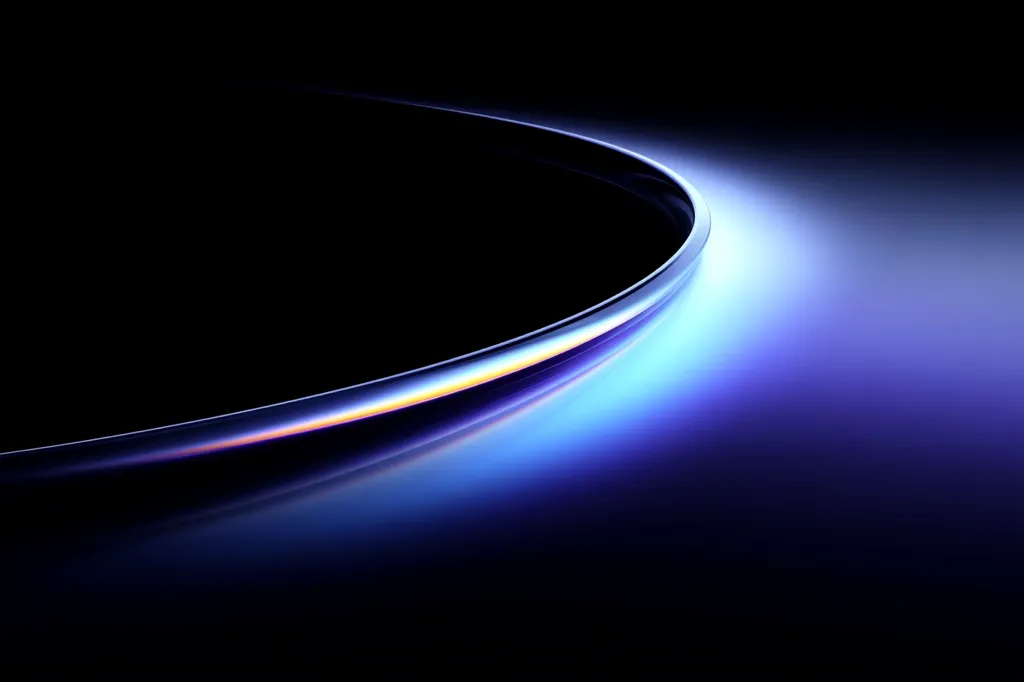 A sleek, curved line of light glows against a dark background. The line is predominantly blue, with hints of purple and orange along its edge, creating a subtle iridescent effect.  The smooth, reflective surface suggests a metallic or glass-like material. The overall composition is minimalist and abstract, with a strong emphasis on light and shadow.