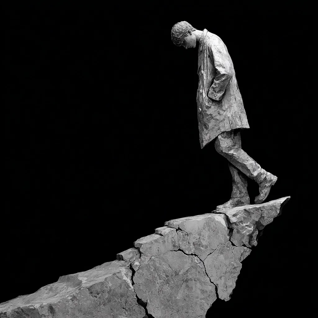 A monochromatic sculpture depicts a figure in a coat walking along a cracked, precarious ledge.  The figure is hunched over, suggesting vulnerability or despair. The stark black background emphasizes the isolation and fragility of both the figure and the crumbling structure.  The image evokes themes of risk, uncertainty, and the precipice of something unknown.