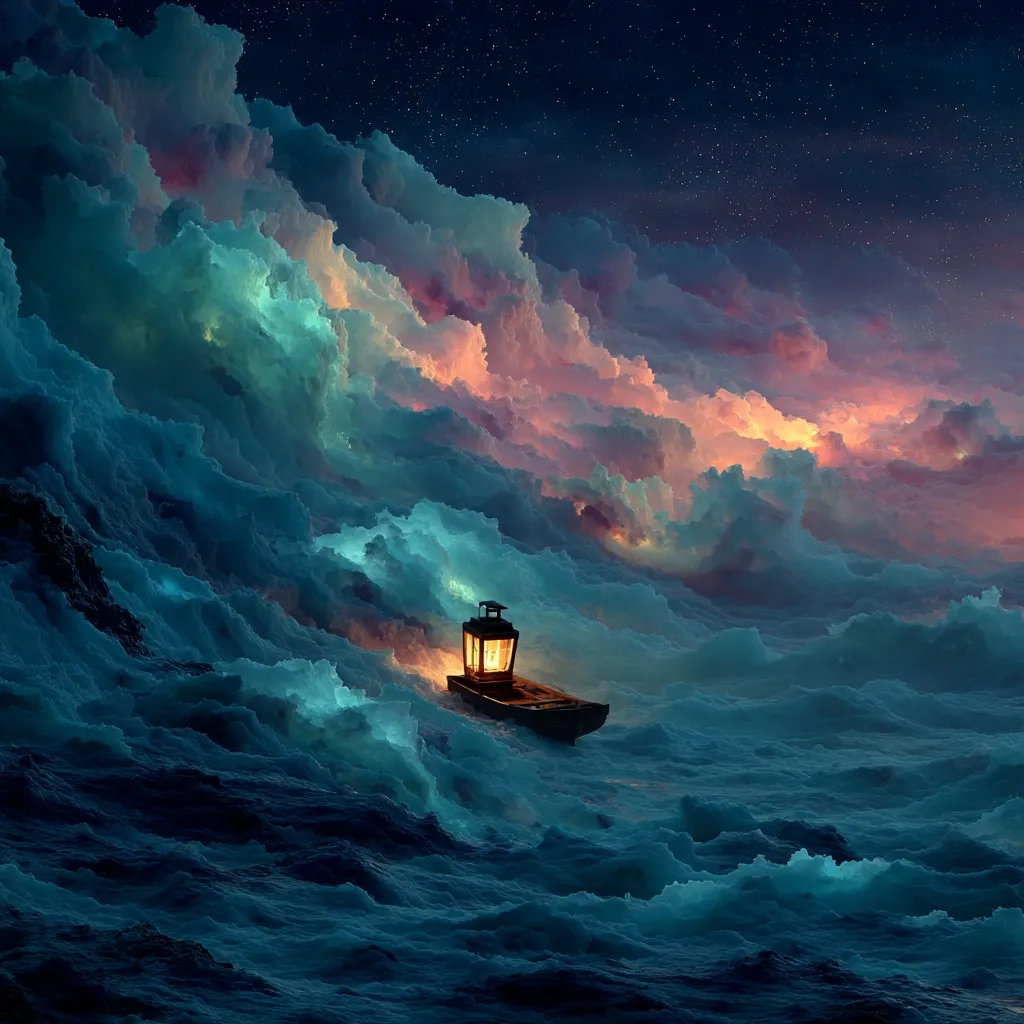 A small boat with a lit lantern navigates a turbulent sea of clouds under a starry night sky.  The clouds are a dramatic mix of teal, purple, and orange, creating a surreal and somewhat ominous atmosphere. The scene evokes a sense of journey, mystery, and the struggle against overwhelming odds.  The lantern's light offers a small beacon of hope amidst the vast, dark expanse.