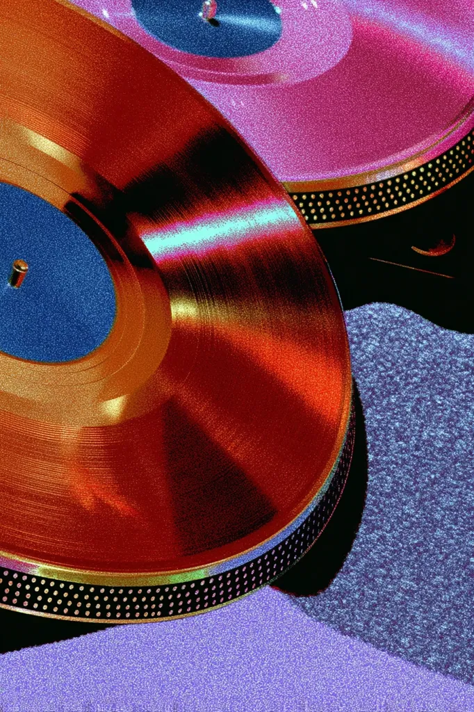 Close-up view of two vinyl records on a turntable.  The record in the foreground is predominantly reddish-orange with a blue label, while the background record is pinkish-purple.  Both records exhibit a textured, almost glittery surface. The image is stylized with vibrant, saturated colors and a slightly grainy texture.  The turntable's surface is a muted purple.