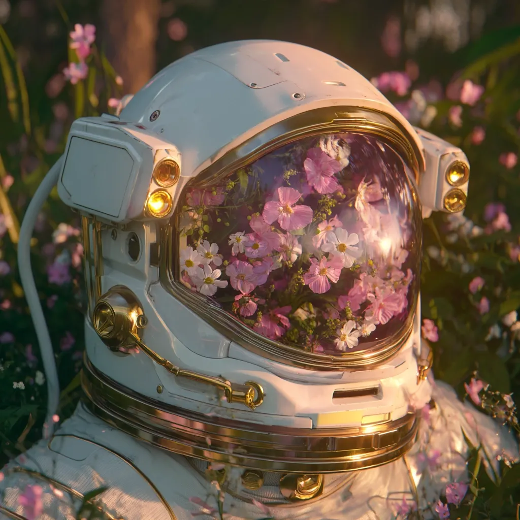 A white astronaut helmet, adorned with gold accents, rests amidst a field of vibrant pink and white flowers.  The helmet's visor is filled with the blossoms, creating a surreal and peaceful juxtaposition of space exploration and natural beauty.  The scene is bathed in soft, warm sunlight, enhancing the dreamy atmosphere.  The image suggests a sense of tranquility and unexpected harmony.