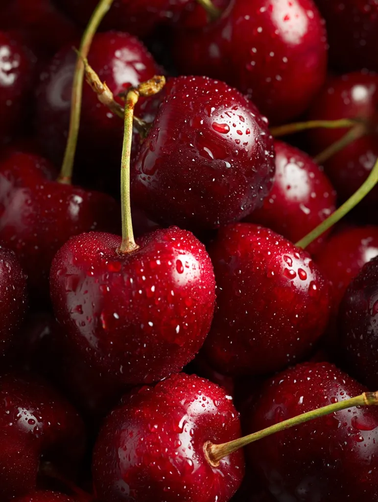 A close-up shot reveals a cluster of ripe, dark red cherries, glistening with water droplets.  Their smooth skins and vibrant color are emphasized by the shallow depth of field.  The stems are visible, adding to the natural, fresh appearance of the fruit.  The overall image suggests juiciness and sweetness.