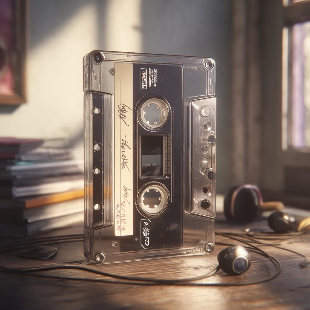 A transparent cassette tape rests on a wooden surface, bathed in warm, sunlit ambiance.  The tape's label bears handwritten text, suggesting personal ownership.  Nearby are a stack of books and a pair of earphones, hinting at a nostalgic, personal listening experience.  The overall scene evokes a sense of calm and memory.