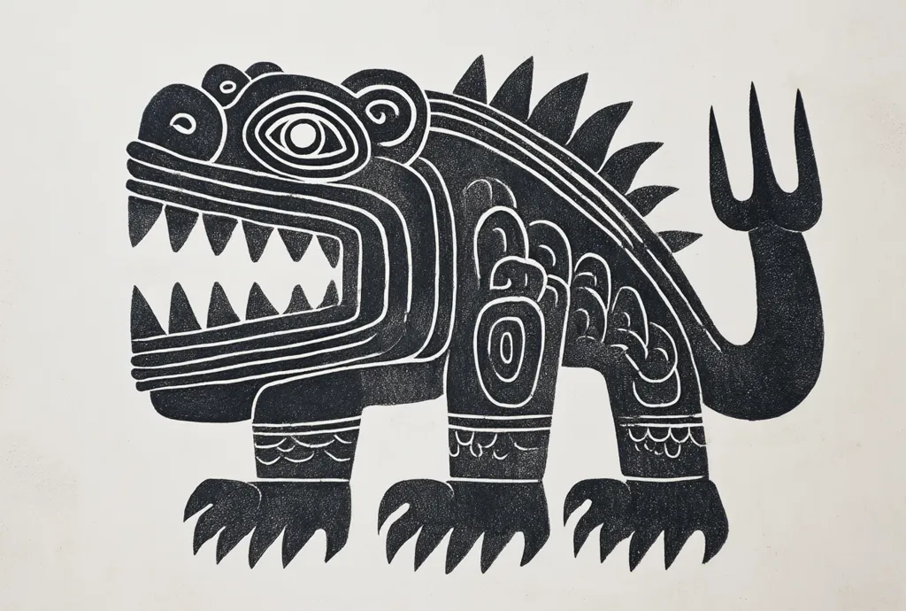 A black and white linocut print depicts a stylized mythical creature. The creature resembles a bear or lion with a spiky back and a tail shaped like a fork. Its body is covered in intricate geometric patterns and its mouth is open in a fierce snarl, showing sharp teeth.  The style suggests influences from indigenous art or folk traditions. The image is bold and graphic, with a strong contrast between black ink and white background.
