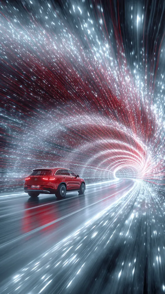 A red Mercedes SUV drives through a swirling tunnel of light.  The tunnel is composed of streaks of white and red, creating a dynamic, almost futuristic effect. The car appears to be moving at high speed, emphasizing the sense of motion and energy. The overall image suggests a journey into the future or a technological advancement in automotive travel.