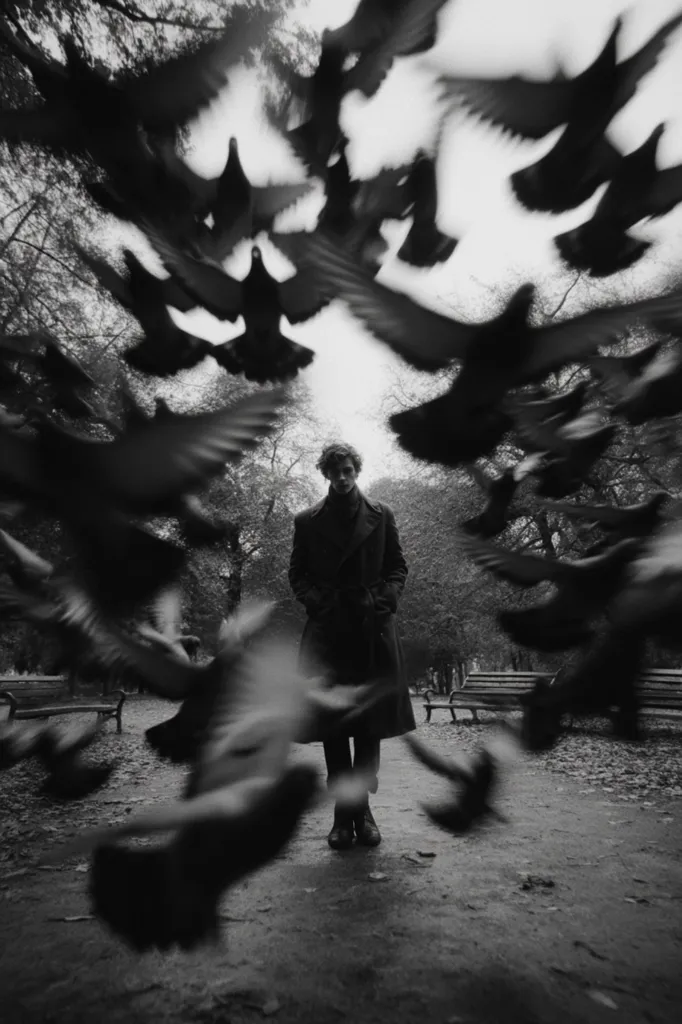 A monochromatic image captures a young man, clad in a dark coat, standing pensively in a park.  He is surrounded by a flurry of pigeons, their wings blurred in motion, creating a sense of unease and isolation. The background features park benches and bare trees, enhancing the somber atmosphere. The overall effect is one of quiet contemplation amidst a chaotic environment.
