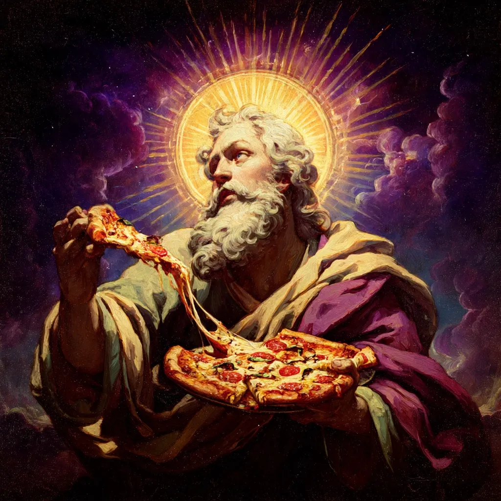 A divine figure, reminiscent of God, is depicted in a painting, radiating a golden halo against a cosmic backdrop.  He holds a delicious-looking pizza, a slice of which he delicately lifts with his hand, the cheese stretching in a string. The artwork blends classical religious iconography with a modern, humorous twist, creating a striking and unexpected juxtaposition.