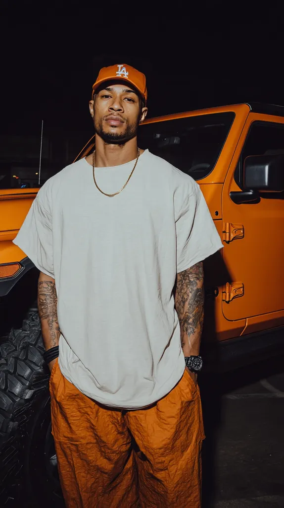 A young man with tattoos on his arms stands next to a bright orange Jeep. He's wearing a beige oversized t-shirt, burnt orange pants, an orange LA Dodgers baseball cap, and a gold chain.  He looks directly at the camera. The image is shot at night, with the background dark.  The overall style is casual and fashionable.