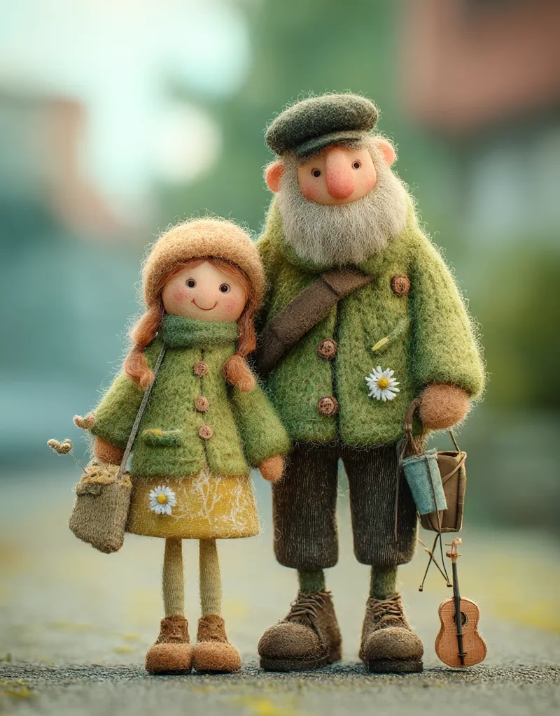 A charming pair of needle-felted dolls stand hand-in-hand.  The older doll, a grandfatherly figure in a green coat and cap, carries a small watering can and a miniature violin.  His companion, a sweet young girl in a matching green coat and yellow skirt, holds a small bag.  Both dolls are meticulously crafted with expressive faces and detailed clothing, creating a heartwarming scene.  The blurred background suggests an outdoor setting, adding to the idyllic charm.