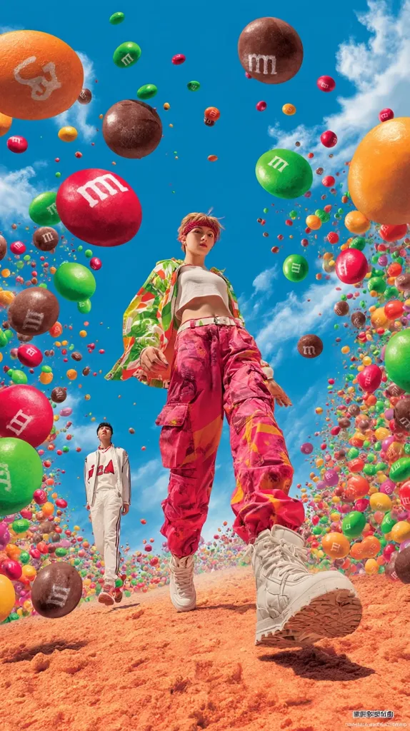 A woman in vibrant pink cargo pants and a patterned shirt walks towards the viewer, dwarfed by a massive sky filled with falling M&M's candies.  A man in a white tracksuit follows behind her. The scene is surreal and brightly colored, with the candies creating a whimsical, almost overwhelming, atmosphere. The sandy ground adds to the candy-coated landscape.