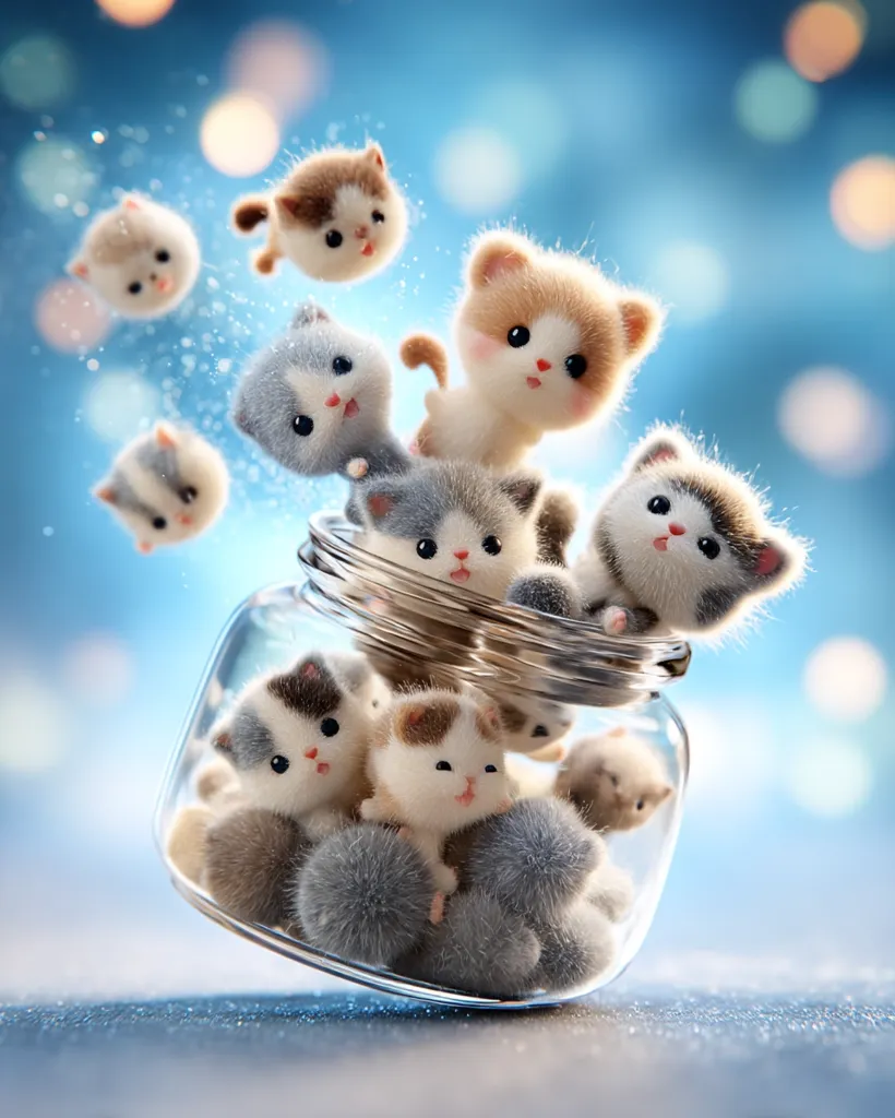 A whimsical illustration depicts numerous fluffy, cartoonish kittens overflowing from a glass jar.  Several kittens playfully float around the jar, creating a sense of joyful chaos. The kittens are various shades of grey, brown, and white, with large, expressive eyes.  The scene is set against a soft blue background with bokeh lights, enhancing the dreamy, magical atmosphere.