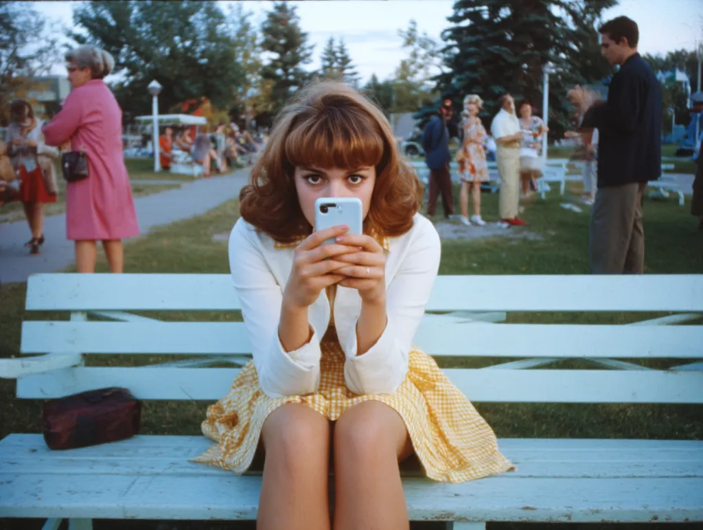 A young woman with a bob haircut sits on a light blue park bench, engrossed in a smartphone.  She wears a yellow gingham dress and white cardigan.  The background is blurred, showing other people in a park setting, suggesting a scene of casual outdoor life in the past.  The overall tone is nostalgic and peaceful.