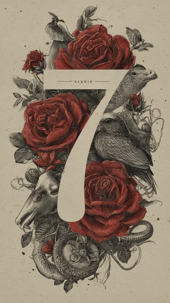 A stylized number seven is intricately designed with detailed illustrations of birds, roses, a snake, and an animal skull. The roses are rendered in deep red, contrasting with the grayscale birds and other elements.  The overall aesthetic is reminiscent of vintage botanical illustrations or scientific drawings, creating a darkly romantic and slightly macabre feel. The word "DIANDID" is subtly placed above the number.