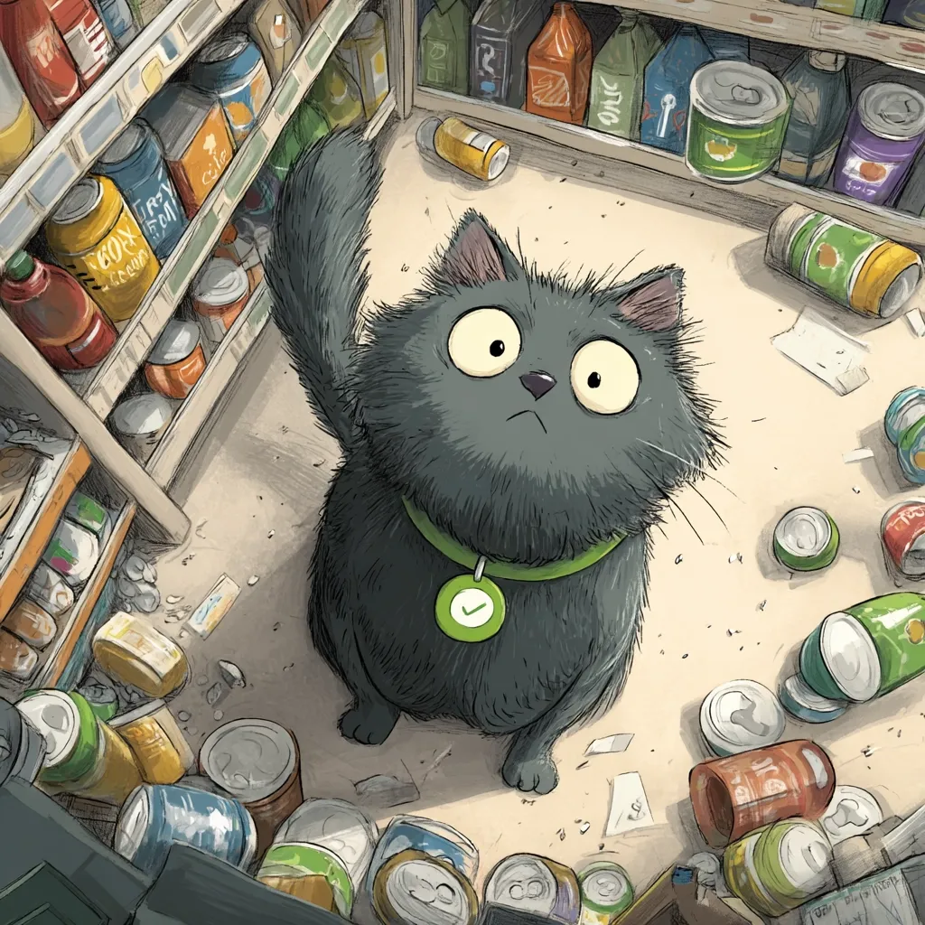 A fluffy black cat with wide eyes and a green collar stands amidst a chaotic mess of spilled cans and grocery items.  Its paw is raised, seemingly in surprise or alarm.  The cat is surrounded by overturned shelves stocked with various food products, creating a scene of playful destruction in a grocery store aisle.