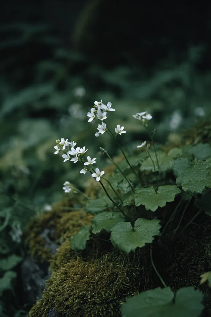Delicate white flowers bloom amidst lush green foliage.  The small blossoms cluster on slender stems rising from dark green, broad leaves.  The plants are nestled on a mossy rock, creating a vibrant contrast of textures and colors in a dimly lit, natural setting.  The overall mood is serene and tranquil.