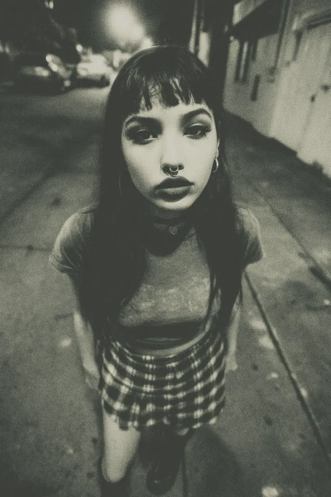 A black and white, high-angle, close-up shot depicts a young woman with dark hair and bangs, a septum piercing, and a plaid skirt standing on a city street at night.  The grainy image evokes a gritty, urban feel.  The woman looks directly at the camera, her expression somewhat serious. The background is blurred, showing a street with parked cars.