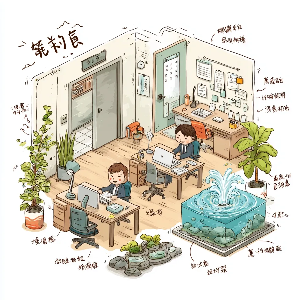 A whimsical isometric illustration depicts a cozy office space. Two cartoon characters sit at desks working on laptops. The room features plants, a small indoor fountain with fish, and various office supplies.  A restroom is visible in the background. The overall style is cute and charming, with hand-drawn elements and labels in a foreign language adding detail.