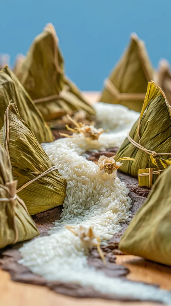 Several zongzi, traditional Chinese rice dumplings wrapped in bamboo leaves, are arranged on a wooden surface.  A path of uncooked rice winds between them.  The scene is visually appealing, suggesting a preparation for a festival or celebration. The background is a blurred blue, focusing attention on the dumplings and rice.