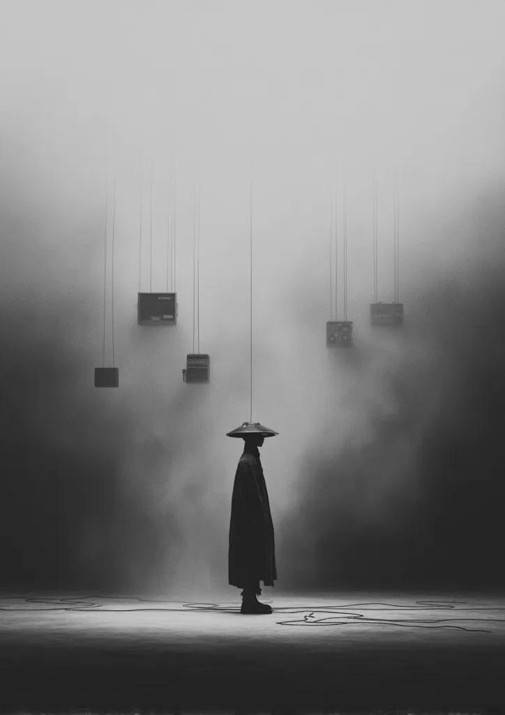 A lone figure, cloaked and wearing a wide-brimmed hat, stands in a dimly lit space.  Suspended above are several dark, square objects hanging from thin wires.  The atmosphere is hazy and monochromatic, creating a somber and mysterious mood. The overall image is stark, minimalist, and evocative.