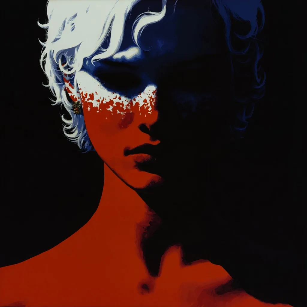 A stylized portrait of a young woman with short, white hair.  Her face is partially obscured by shadow, and her skin is rendered in bold red and white splashes, creating a striking contrast against the dark background.  A small earring is visible in her ear. The overall effect is one of dramatic intensity and mystery.