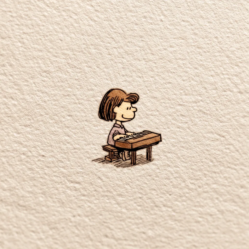 A charming illustration depicts a Peanuts-esque character, a girl with short brown hair, seated at a small, wooden keyboard.  She's playing with a slight smile, her posture relaxed and content. The drawing style is simple, yet expressive, with warm brown tones against a light beige background, giving it a nostalgic, vintage feel. The image is small and centered, leaving ample space around the figure.