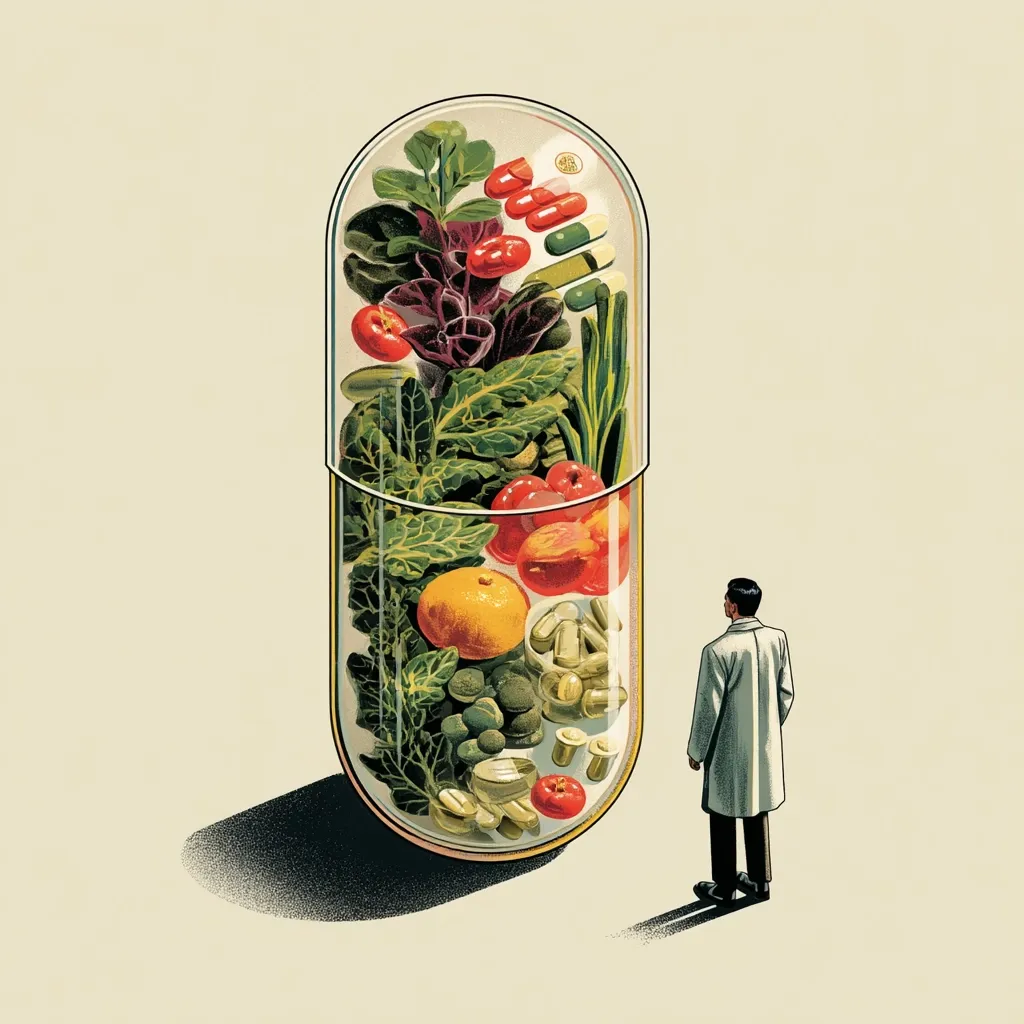 A giant transparent capsule, filled with various fruits, vegetables, and pills, stands before a small figure in a lab coat. The image visually represents the concept of obtaining nutrients through either whole foods or supplements.  The juxtaposition highlights the debate between natural and artificial methods of maintaining health and wellness. The style is reminiscent of vintage medical illustration.