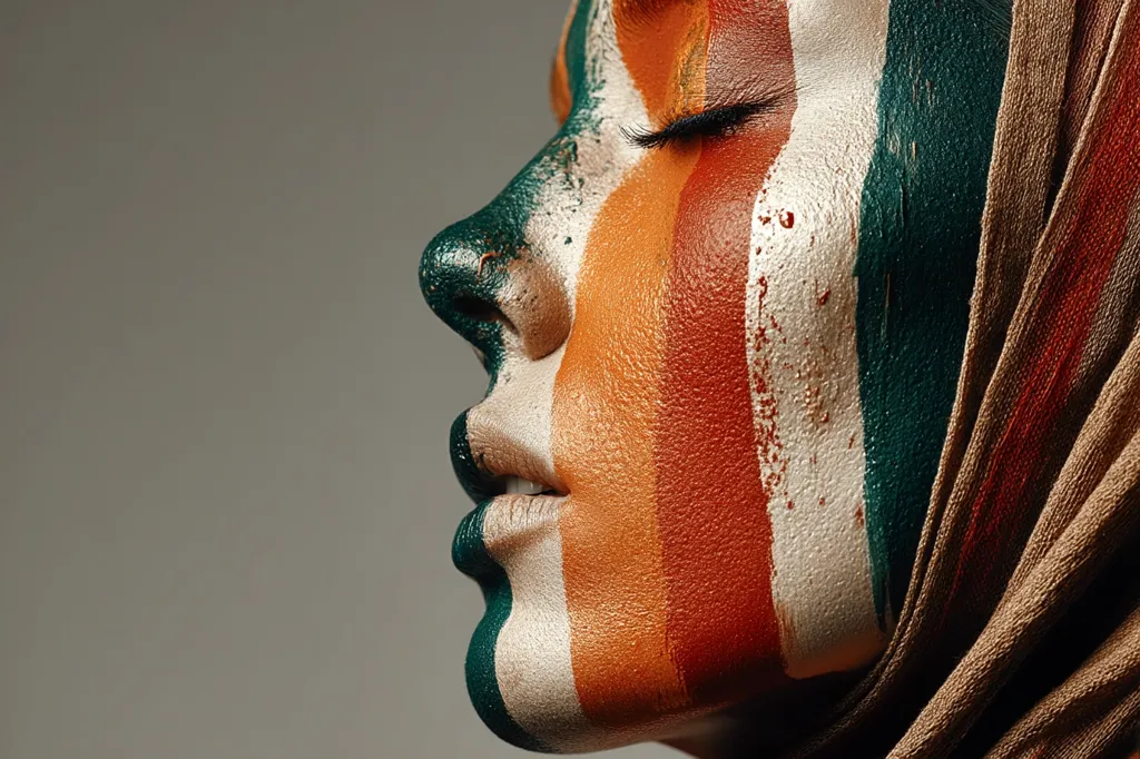 Close-up profile view of a person's face adorned with vibrant, vertical stripes of paint in earthy tones – deep greens, oranges, and creams.  Eyes are closed, and a portion of a beige fabric draped over the shoulder is visible. The image evokes a sense of artistry and cultural expression.  The paint texture is visible, suggesting a handcrafted application.