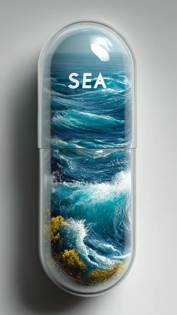 A large capsule, transparent and resembling a pill, contains a miniature ocean scene.  The word "SEA" is prominently displayed in white lettering across the image.  The ocean inside is depicted with dynamic waves, crashing against a golden shoreline at the bottom. The overall effect is surreal and visually striking, suggesting a contained representation of the vastness of the sea.