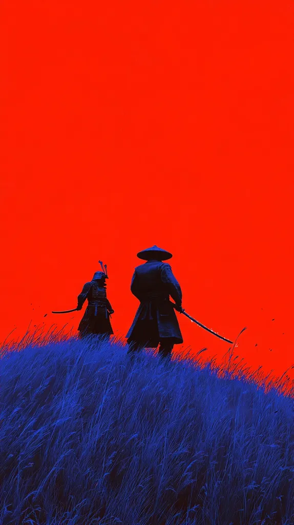 Two silhouetted samurai, one wielding a katana, stand on a hill of tall blue grass against a vibrant red sky. The stark contrast of colors and the minimalist composition creates a dramatic and evocative image.  The scene suggests a moment of contemplation or preparation before battle, emphasizing the figures' solitary presence and the tension of the setting.