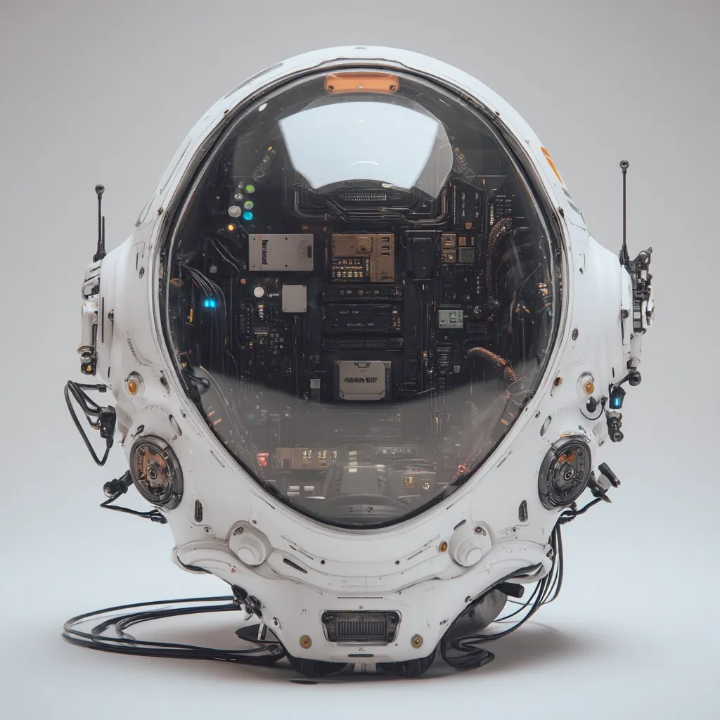 A futuristic, white helmet-like device dominates the image.  Its transparent dome reveals intricate internal circuitry and components.  Small antennas and mechanical details are visible on its surface. The overall aesthetic is sleek and technological, suggesting advanced robotics or space exploration technology. The device rests on a minimalist, light grey background.