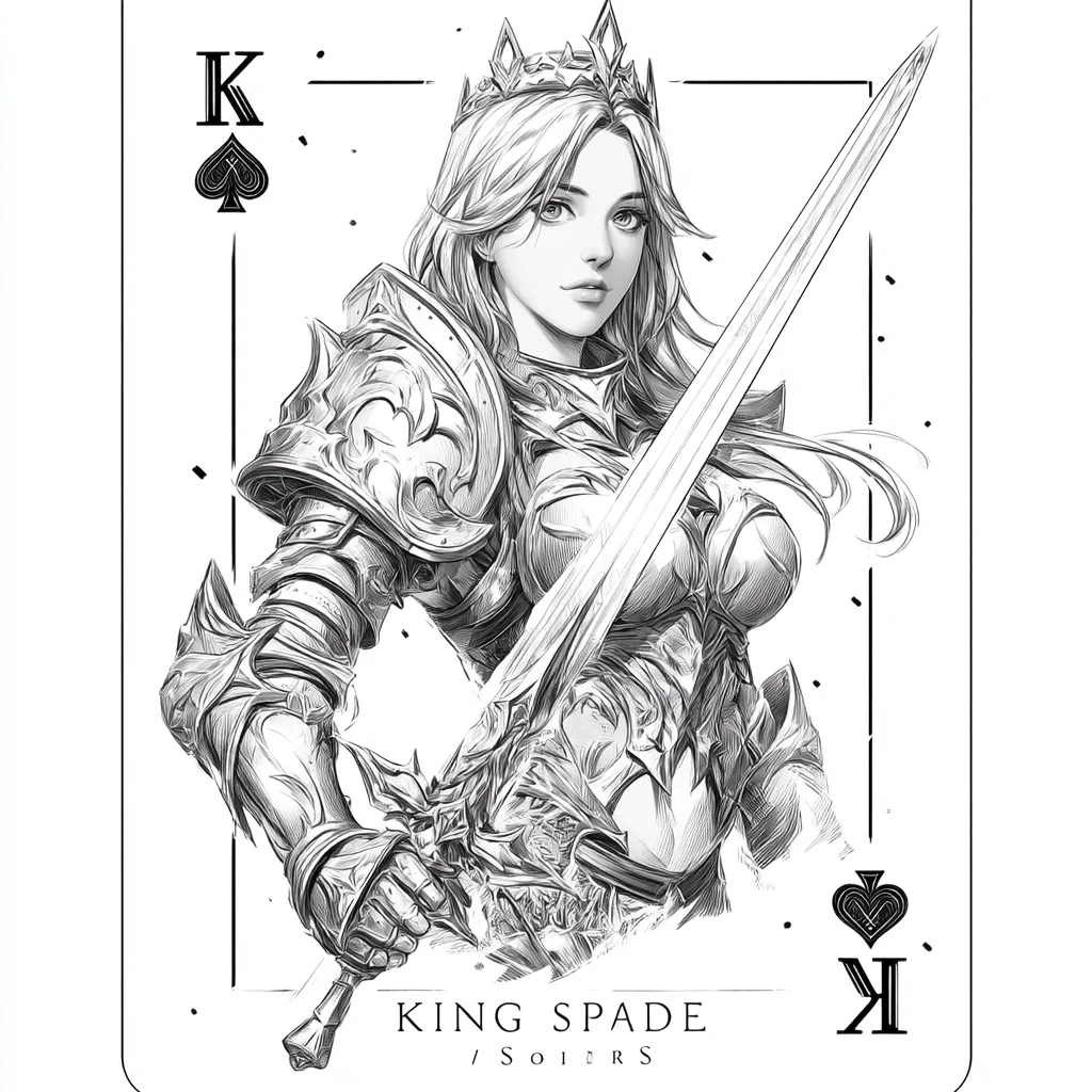 A grayscale illustration depicts a female figure, styled as the King of Spades playing card. She is adorned in ornate armor and a crown, wielding a large sword.  Her long hair flows around her shoulders. The art style is detailed, with meticulous shading and linework. The "King Spade / Soldiers" text is subtly placed at the bottom.  The overall design evokes a powerful and regal aesthetic.