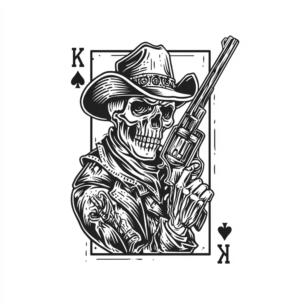 A black and white illustration depicts the King of Spades playing card, reimagined as a skull wearing a cowboy hat and holding a revolver. The skull's detailed features and the intricate design of the clothing and gun create a striking image. The style is reminiscent of vintage woodcut prints or tattoo art, suggesting themes of danger and the Wild West.  The card's suit and rank are clearly visible.
