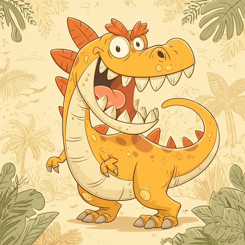 A cartoon illustration of a cheerful, orange dinosaur. The dinosaur is depicted with a wide, toothy grin, showcasing its large, prominent teeth.  Its stance is playful, and the background features a stylized prehistoric landscape complete with palm trees and foliage, creating a fun and vibrant scene. The overall style is whimsical and cartoonish.
