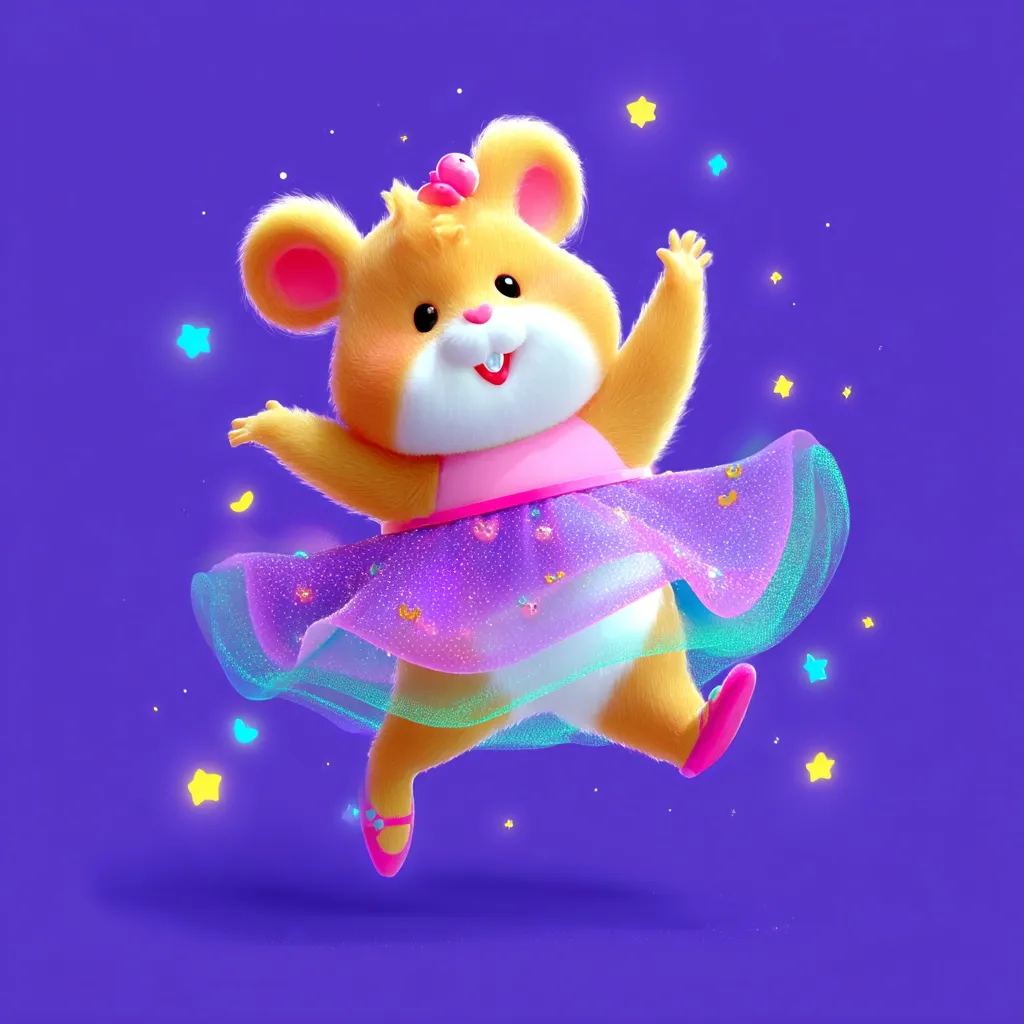 A cheerful, fluffy hamster, adorned in a sparkly purple tutu and pink shoes, leaps joyfully against a vibrant purple backdrop.  Tiny stars twinkle around it, enhancing the whimsical, magical atmosphere. The hamster's expression is one of pure delight, capturing a sense of childlike wonder and energy.  The image is rendered in a cute, cartoonish style with 3D elements.