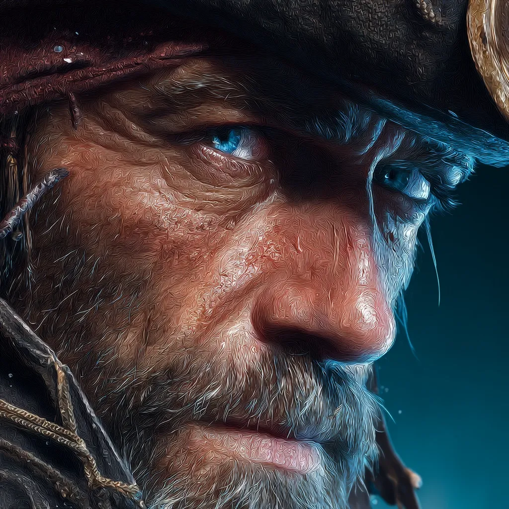 A close-up, stylized portrait of a weathered pirate.  His intense blue eyes peer from beneath a worn tricorn hat, his face a roadmap of wrinkles and scars, testament to a life at sea.  A grizzled beard and mustache frame a determined mouth. The painting style emphasizes texture and depth, giving a sense of age and harsh experience.