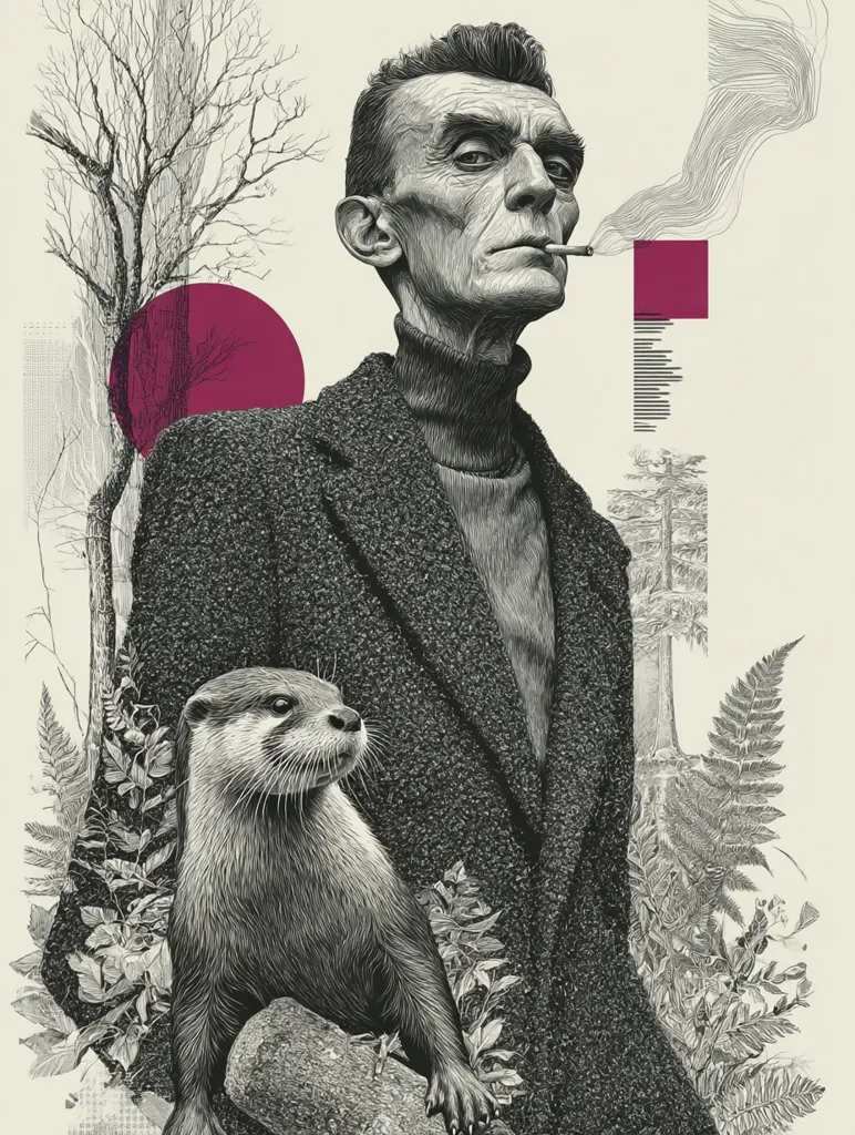 A monochromatic, stylized portrait depicts a man, possibly David Attenborough, smoking a cigarette. He's dressed in a textured coat, standing beside a detailed otter. The background features etched trees, ferns, and abstract shapes in shades of burgundy and grey, creating a nature-inspired, artistic composition.  The overall style suggests a blend of realism and graphic design elements.