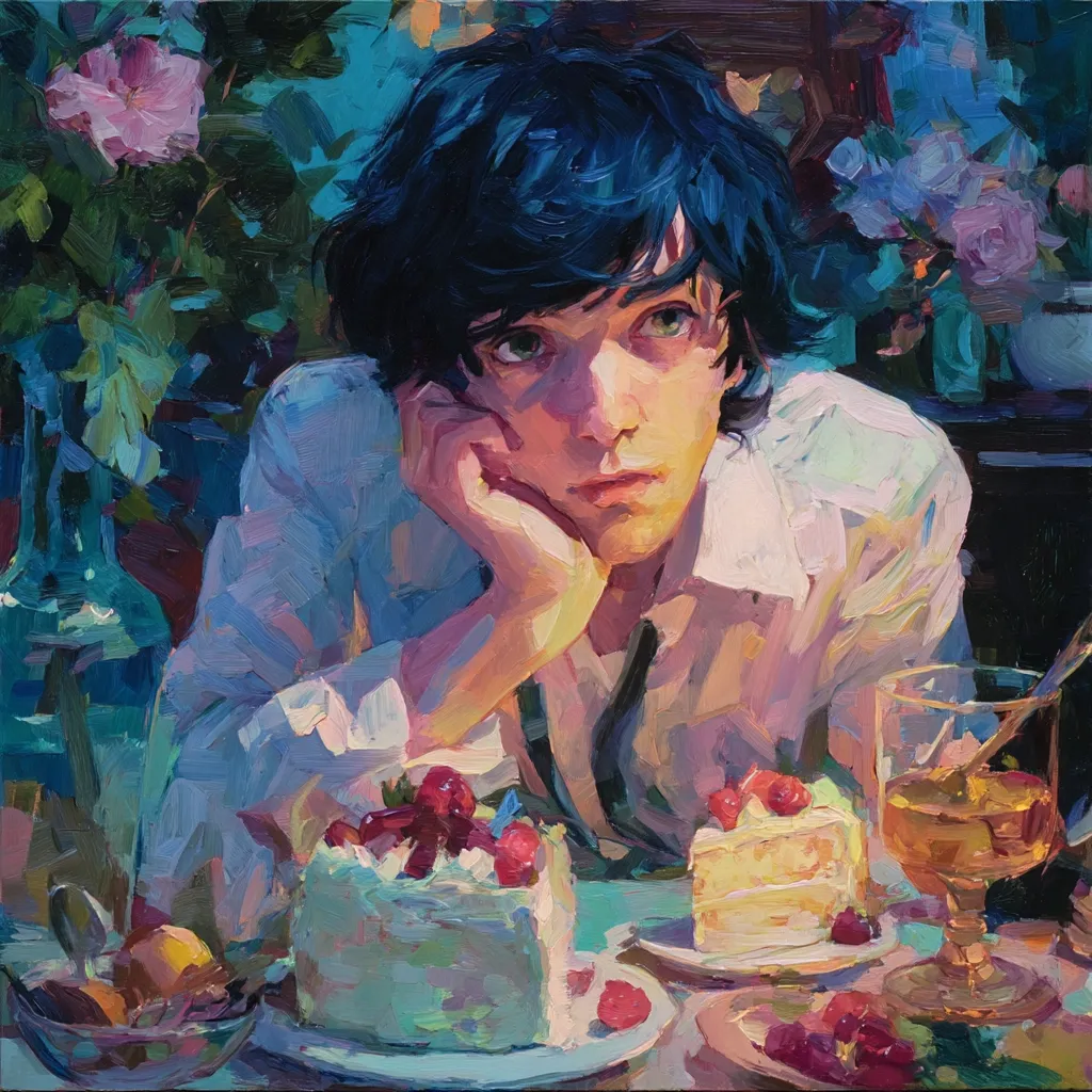 A young man with dark blue hair rests his chin on his hand, gazing pensively at a strawberry cake.  He's dressed in a loose, light-colored shirt. The painting is done in a vibrant, impressionistic style with visible brushstrokes, showcasing a rich palette of blues, pinks, and yellows.  A slice of cake and a glass of amber liquid sit on a table beside him, surrounded by flowers and soft lighting. The overall mood is contemplative and slightly melancholic.