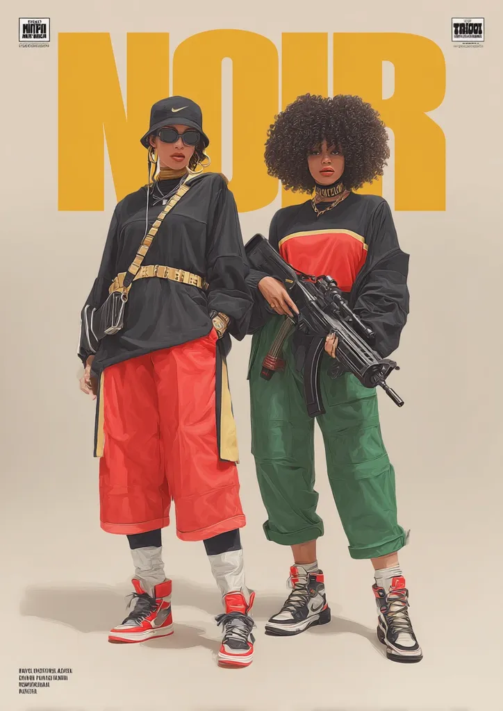 A stylized illustration depicts two young women in streetwear fashion, posing against a bold yellow "NOIR" backdrop. One woman wears red cargo pants and a black sweatshirt, while the other sports green cargo pants and a red and black top.  Both are armed with a submachine gun, showcasing a blend of urban fashion and a militaristic aesthetic.  The artwork features a vibrant color palette and sharp lines.