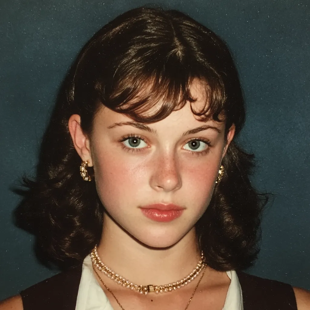 A young woman with shoulder-length brown hair styled with a fringe poses for a portrait.  Her makeup is subtle, emphasizing her green eyes and freckles. She wears gold hoop earrings and a delicate pearl necklace, creating a classic and elegant look. The background is a deep teal, providing a contrast to her fair skin and enhancing the overall aesthetic. The image has a slightly vintage feel, suggesting it may be an older photograph.